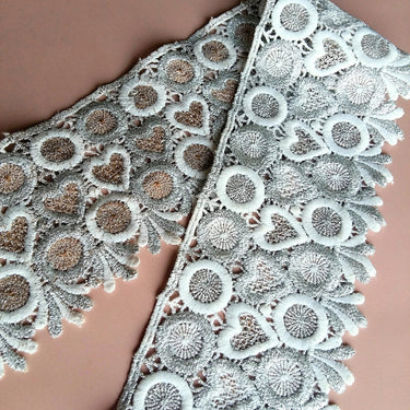 Silver, White And Brown Circle And Heart Embroidered Cotton And Shimmer Thread Zari Lace Trim, Approx. 90mm wide - 200317L79